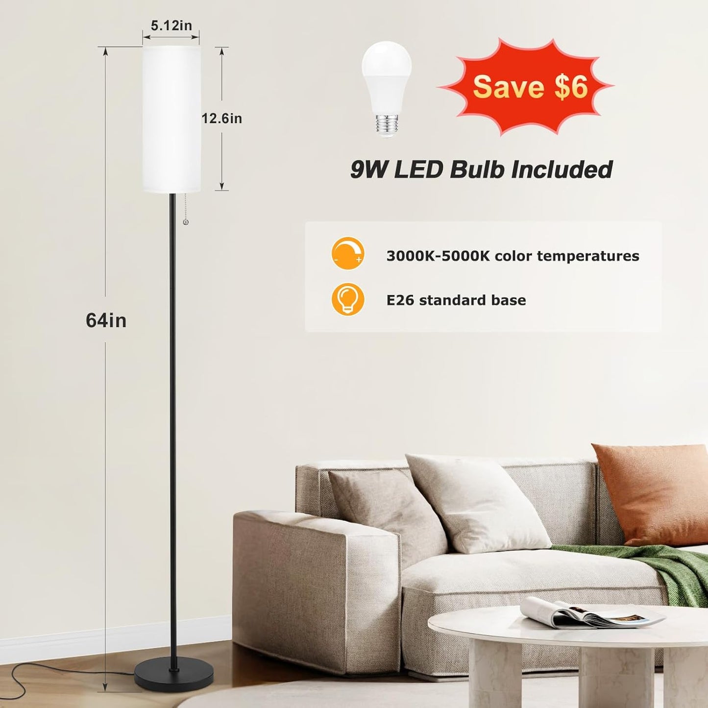 Ambimall Floor Lamp for Living Room with 3 Color Temperatures Bulb, 64" Standing lamp with Linen lampshade for Bedroom, Minimalist Pole Lamp, White Shade & Black Pole