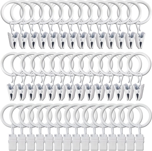 44 Pack White Curtain Rings with Clips, Curtain Hooks Hangers Clip Rings for Hanging Drapes Bows Hat, Drapery Rings 1 in I D, Fits up to 5/8 in Diameter Curtain Rod.