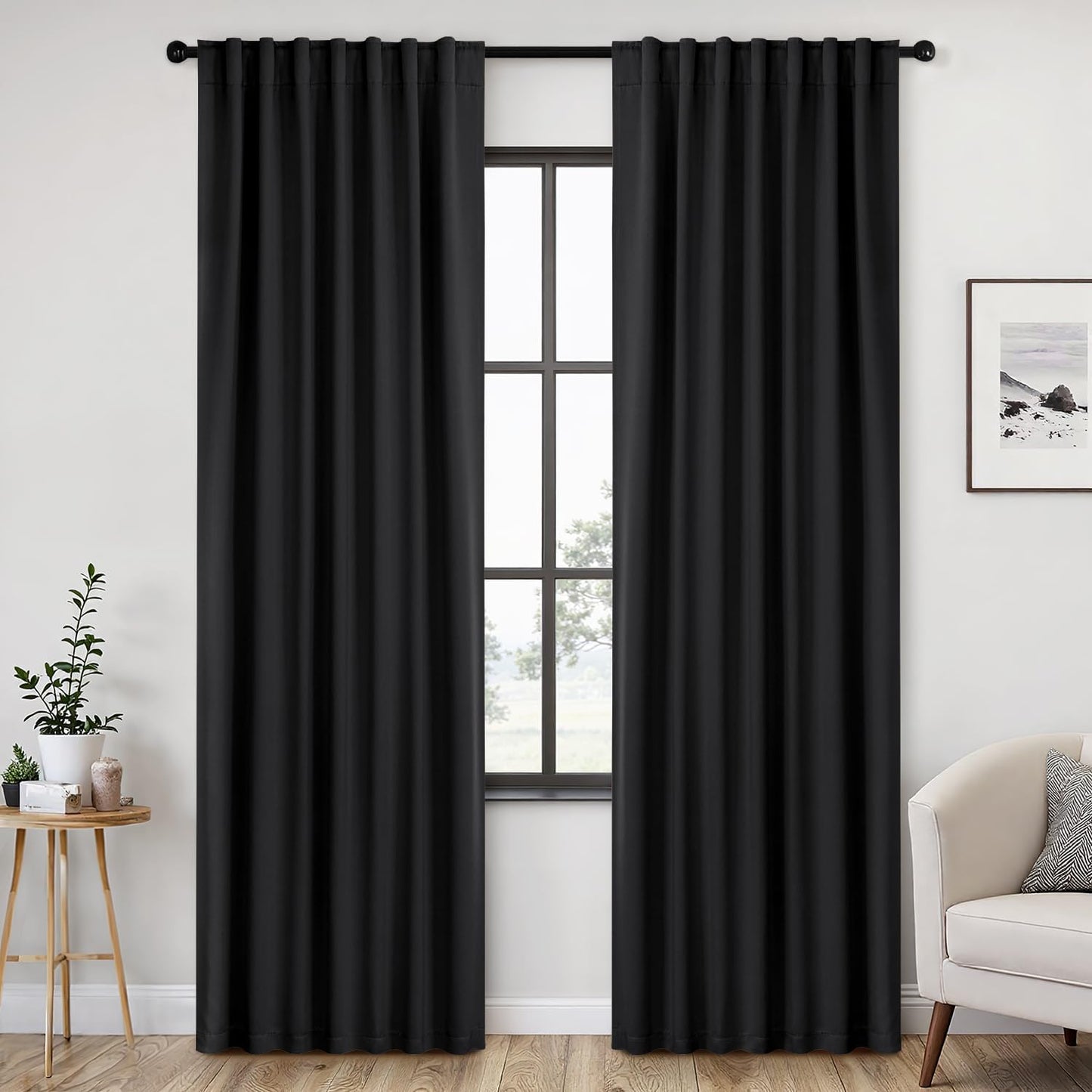 ANRODUO Back Tab Blackout Curtains for Bedroom Living Room, Rod Pocket Pinch Pleated Thermal Insulated Room Darkening Curtains 90 Inches Long 2 Panels, Black, 52 x 90 Inch