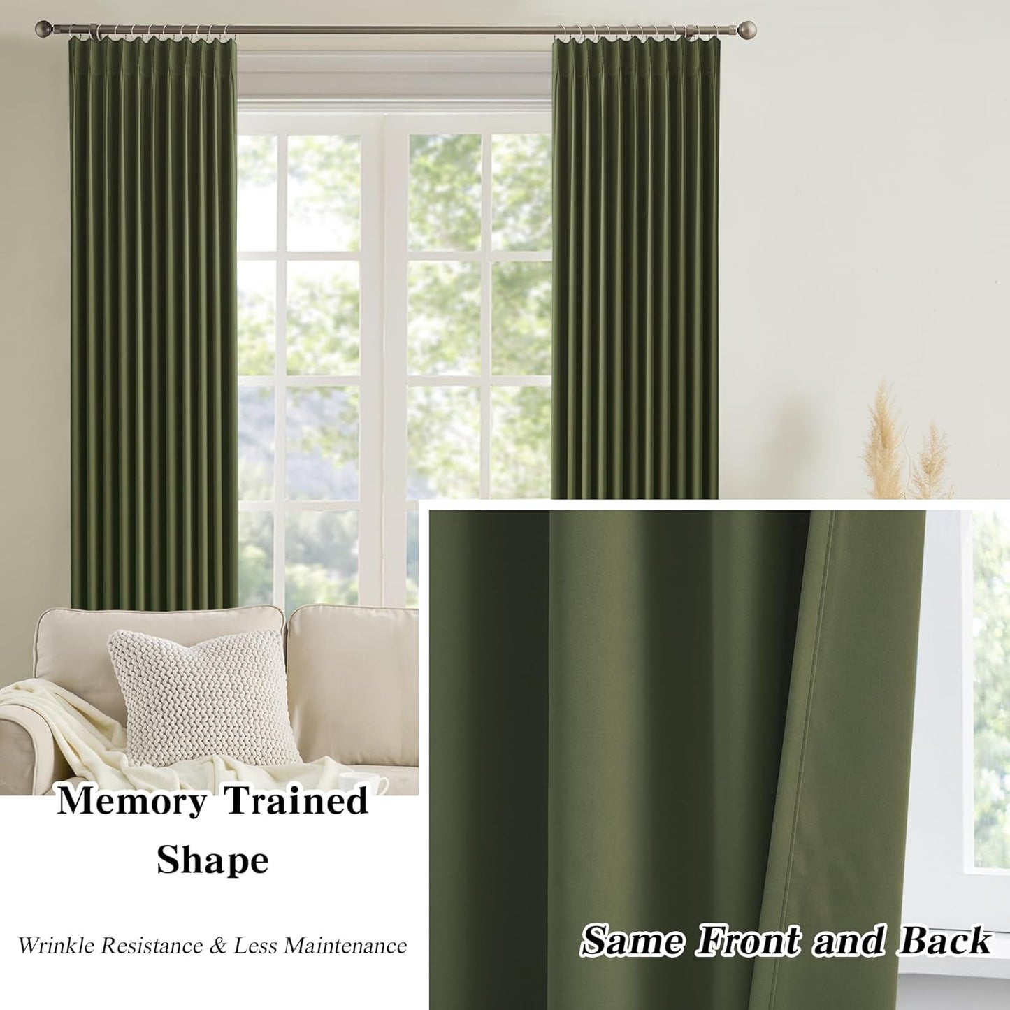 KEQIAOSUOCAI Dark Olive Pinch Pleated Curtains 45 Inches Long for Short Windows, Room Darkening Blackout Curtain Drapes for Bedroom 40 x 45 Inch -2 Panels