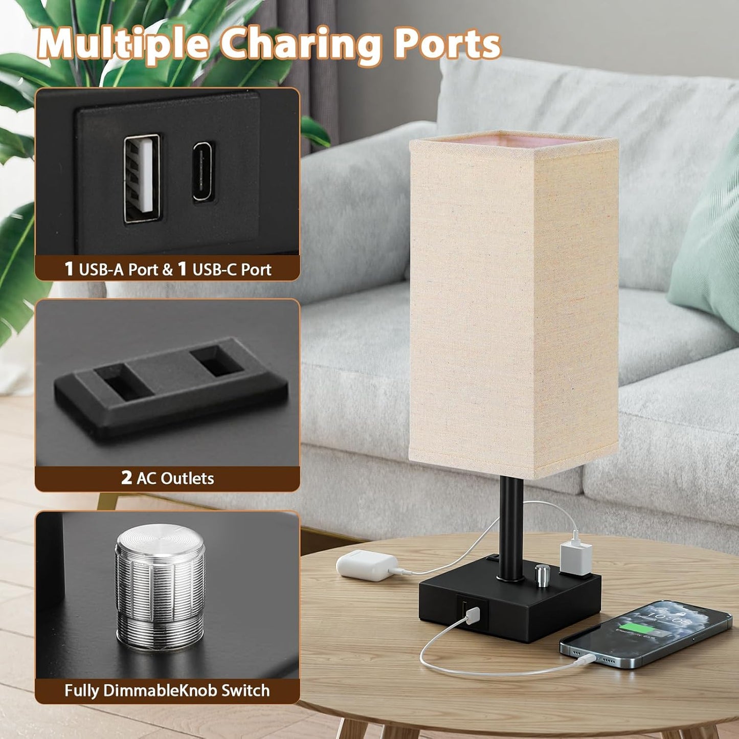 Fully Dimmable Nightstand Lamps Set of 2 - Table Bedside Lamp with USB C+A Charging Ports & 2 AC Outlets, Square Lamp Sets Linen Fabric Shade for Bedroom Living Room(Bulb Included)