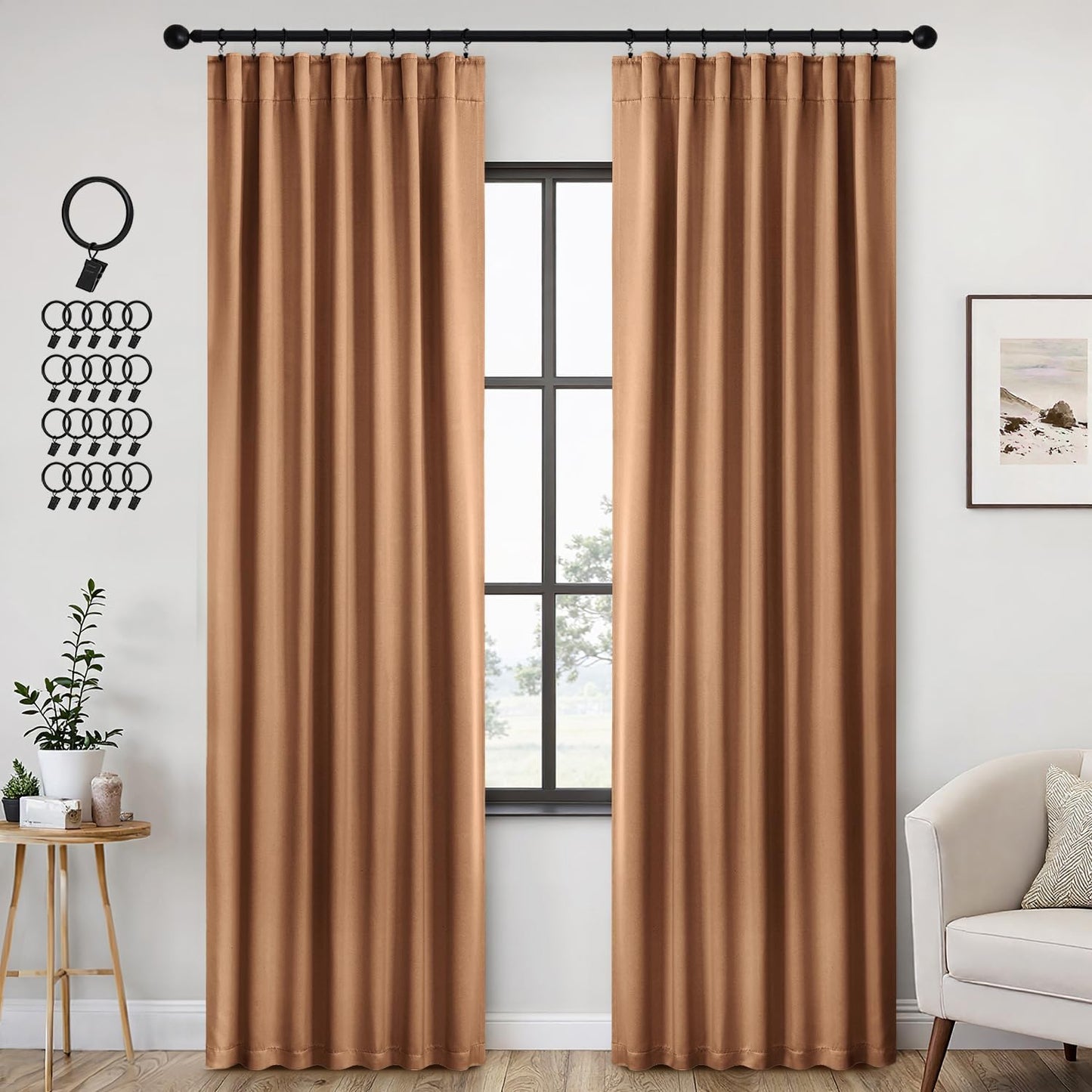 ANRODUO Back Tab Blackout Curtains for Bedroom Living Room, Rod Pocket Pinch Pleated Thermal Insulated Room Darkening Curtains 90 Inches Long 2 Panels, Brown, 42 x 90 Inch