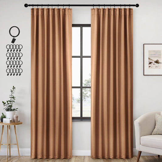 ANRODUO Back Tab Blackout Curtains for Bedroom Living Room, Rod Pocket Pinch Pleated Thermal Insulated Room Darkening Curtains 90 Inches Long 2 Panels, Brown, 42 x 90 Inch
