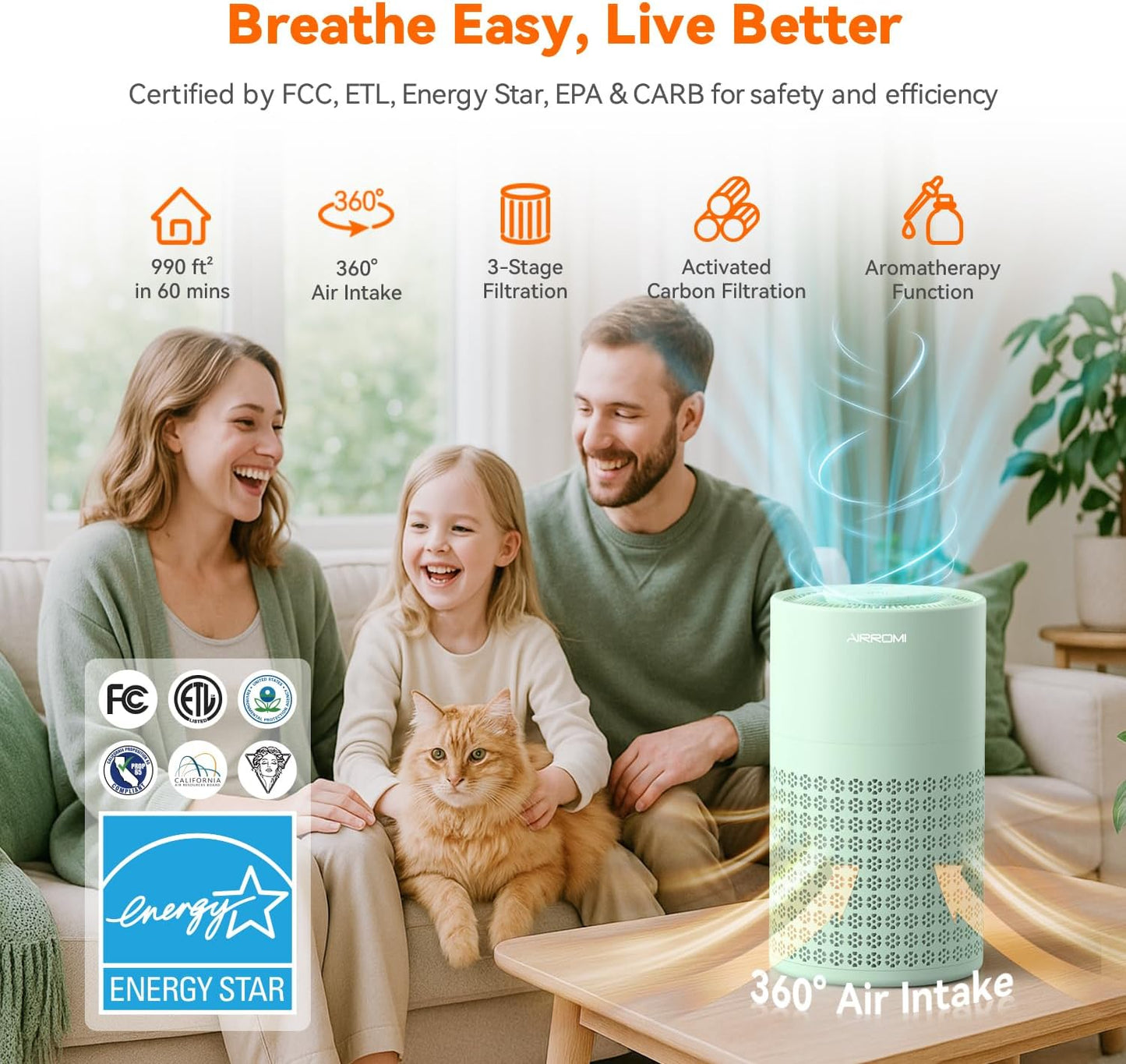 AIRROMI Air Purifier for Bedroom with HEPA 3-in-1 Filter, Pet Air Purifier for Home Cat Pee Smell, Covers Upto 990 Ft², Quiet 360°intake Air Cleaner for pet hair,allergies,Dust,Smoke A2001 Green