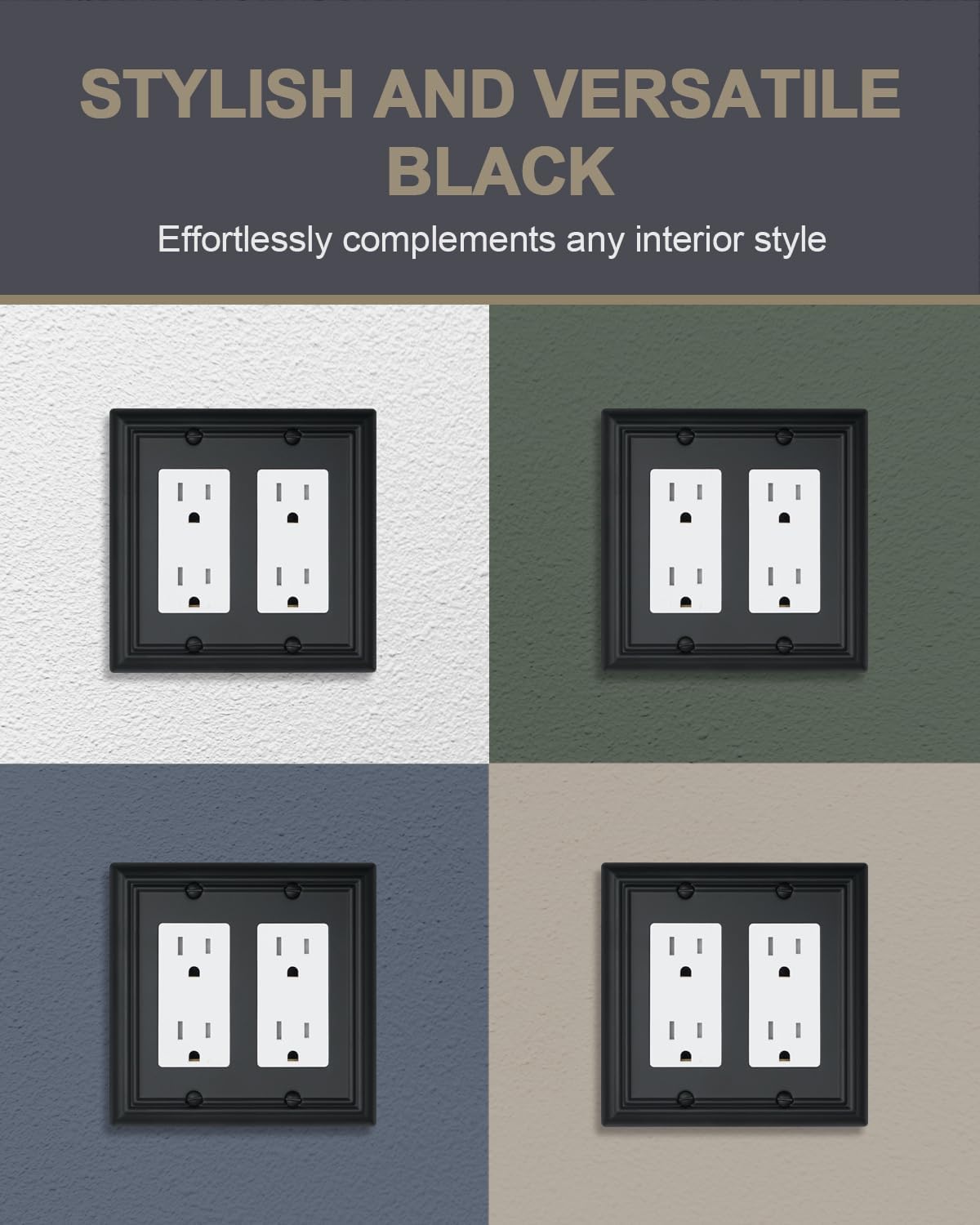 2-Pack Double Decorator Outlet Covers, Decorative Black Wall Plates, Metal Face Plates for Receptacle, GFCI Outlet, Dimmer Switch, 4.96''*4.88'', Midsize