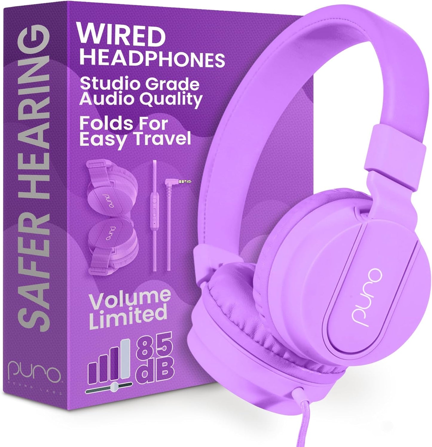 Puro Sound Labs PuroBasic Wired Headphones for Kids - Volume-Limiting & Adjustable with Microphone – Compatible with Smartphones, Tablets, PCs, and More – Safe, Durable Headphones for Kids – Purple