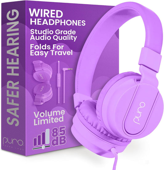 Puro Sound Labs PuroBasic Wired Headphones for Kids - Volume-Limiting & Adjustable with Microphone – Compatible with Smartphones, Tablets, PCs, and More – Safe, Durable Headphones for Kids – Purple