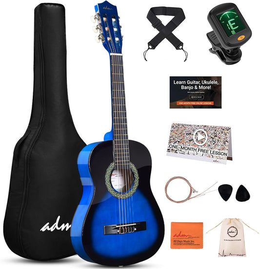 ADM Beginner Acoustic Classical Guitar Nylon Strings Wooden Guitar Bundle Kit for Kid Boy Girl Student Youth Guitarra Online Lessons with Gig Bag, Strap, Tuner, Strings, Picks (34 Inch, Blueburst)