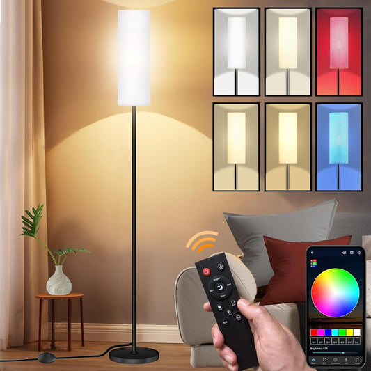 Smart LED Floor Lamp with APP Control & RGB Colors - Dimmable Standing Lamp for Living Room, Bedroom, Gaming - Remote, Timer, 9W Bulb Included, 67" Modern Tall Lamp (White)