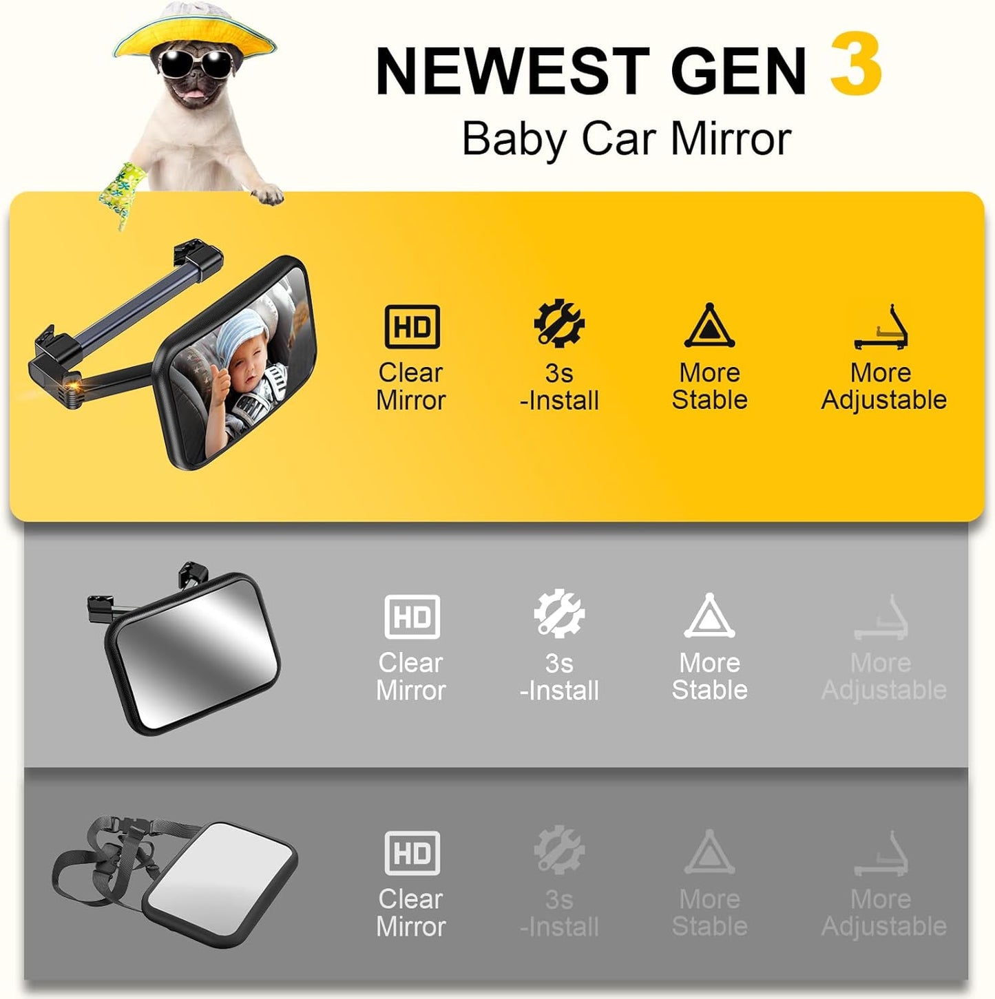 Baby Car Mirror, Stretchable 360° Caring Baby Mirror for Car Seat Rear Facing Seat Infant Shatterproof, Baby Essentials for Newborn, Crash Tested and Certified