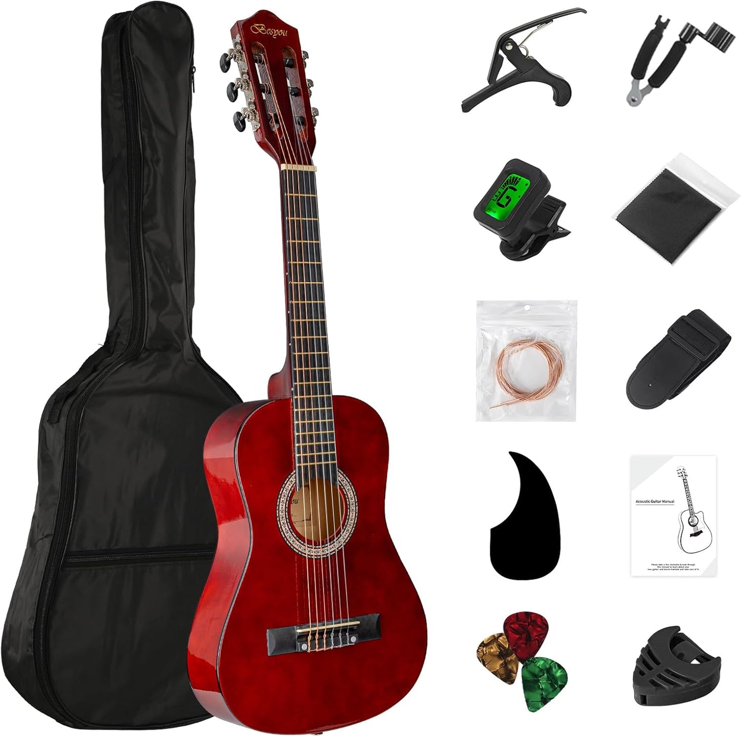 30in Beginner Kids Acoustic Guitar Basic Starter Kit Tuner Capo Strings Winders Strap Picks Student Youth Toddler Guitar Pickguard with Gig Bag Brown