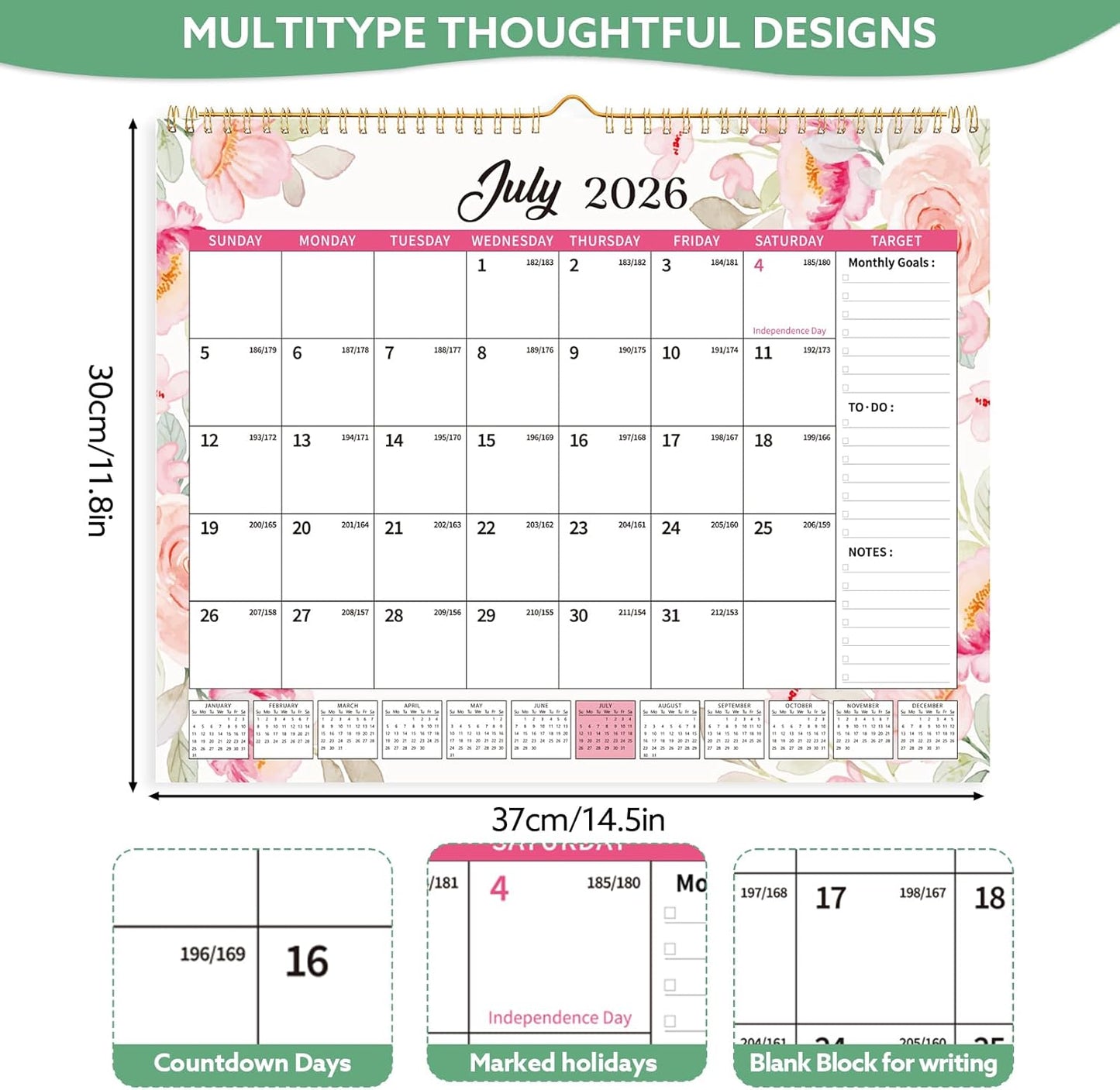 Wall Calendar 2026-2027, 18 Month Large Desk Calendar from January 2026 to June 2027 14.5" x 11.8" Monthly Calendar with Twin-Wire Binding for Home Office Planning Organisers, Green Leaf
