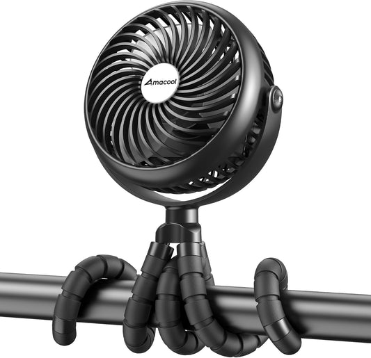 AMACOOL Baby Stroller Fan - 5000mAh Rechargeable, 3-Speed, Strong Yet Quiet, 360°Rotate Portable Clip on Fan for Travel, Car Seat, Crib, Bike, Treadmill, Beach Vacation Essentials