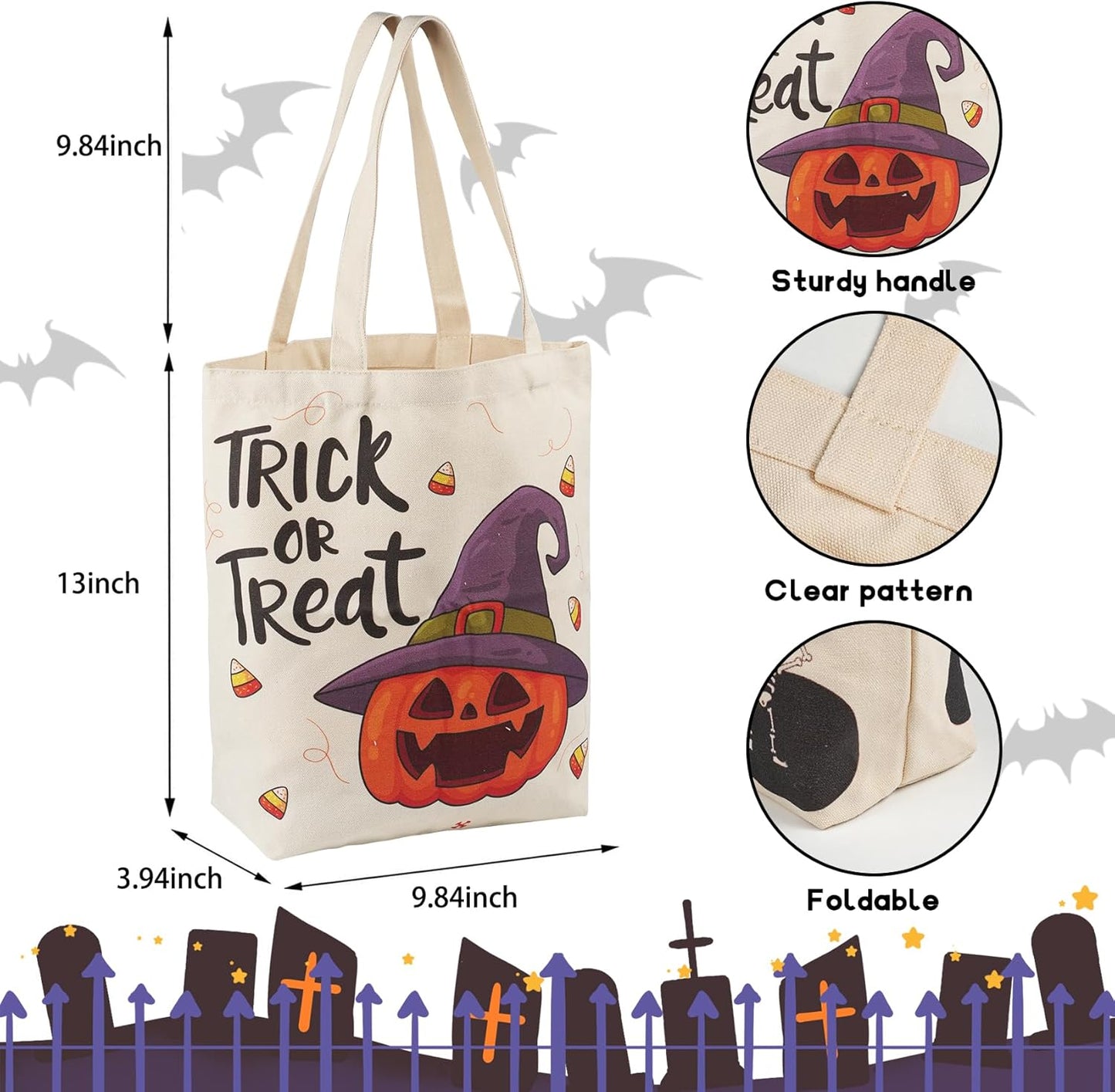 ATFUNSHOP 13.8" Large Halloween Tote Bag Trick or Treat 3 Pack Canvas Reusable Large Bucket with Handle for Kids