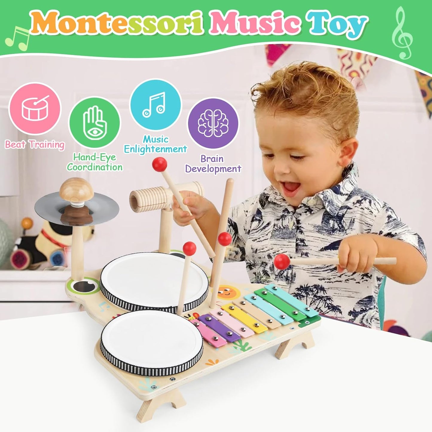 Kids Drum Set for Toddlers, Montessori Wooden Musical Instruments Preschool Educational Baby Musical Toys, Xylophone Bell Music Sensory Toys Birthday Gifts for Girls Boys