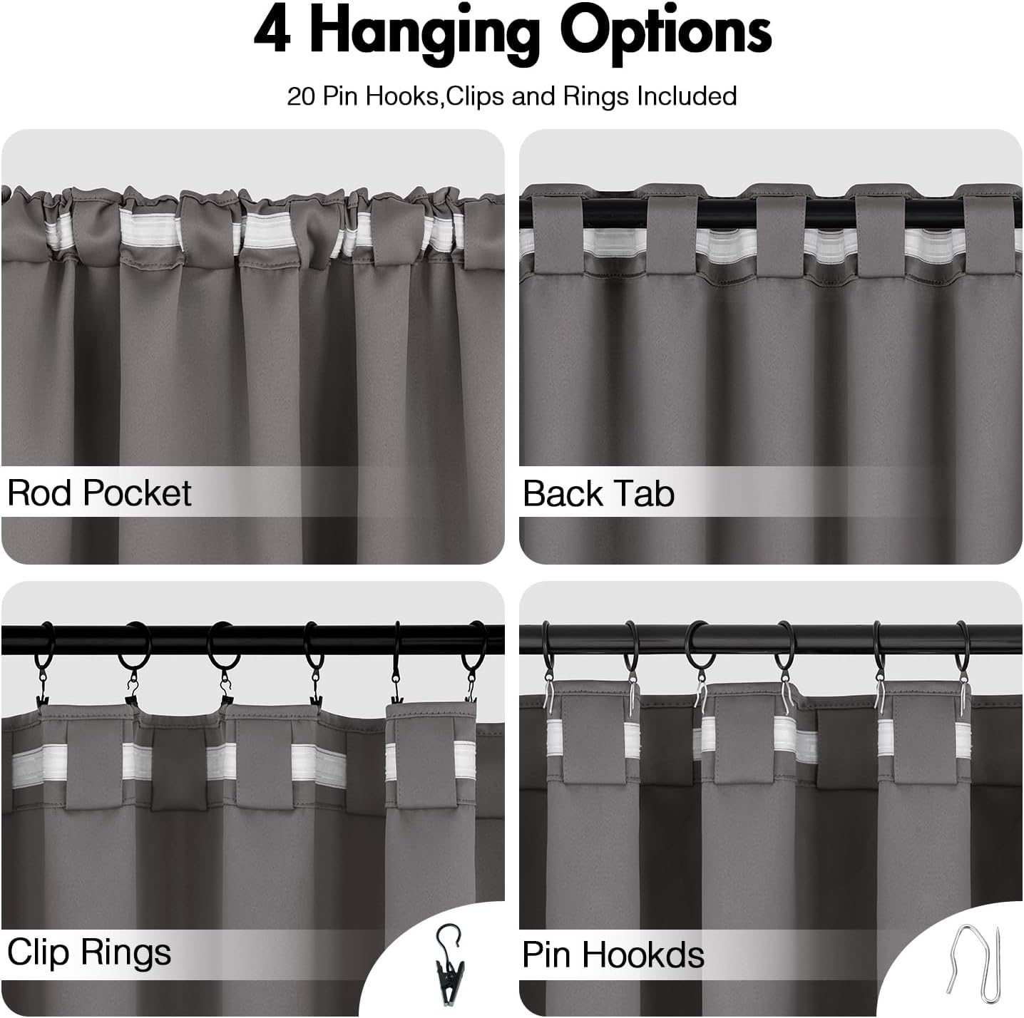 ANRODUO Back Tab Blackout Curtains for Bedroom Living Room, Rod Pocket Pinch Pleated Thermal Insulated Room Darkening Curtains 96 Inches Long 2 Panels, Grey, 52 x 96 Inch