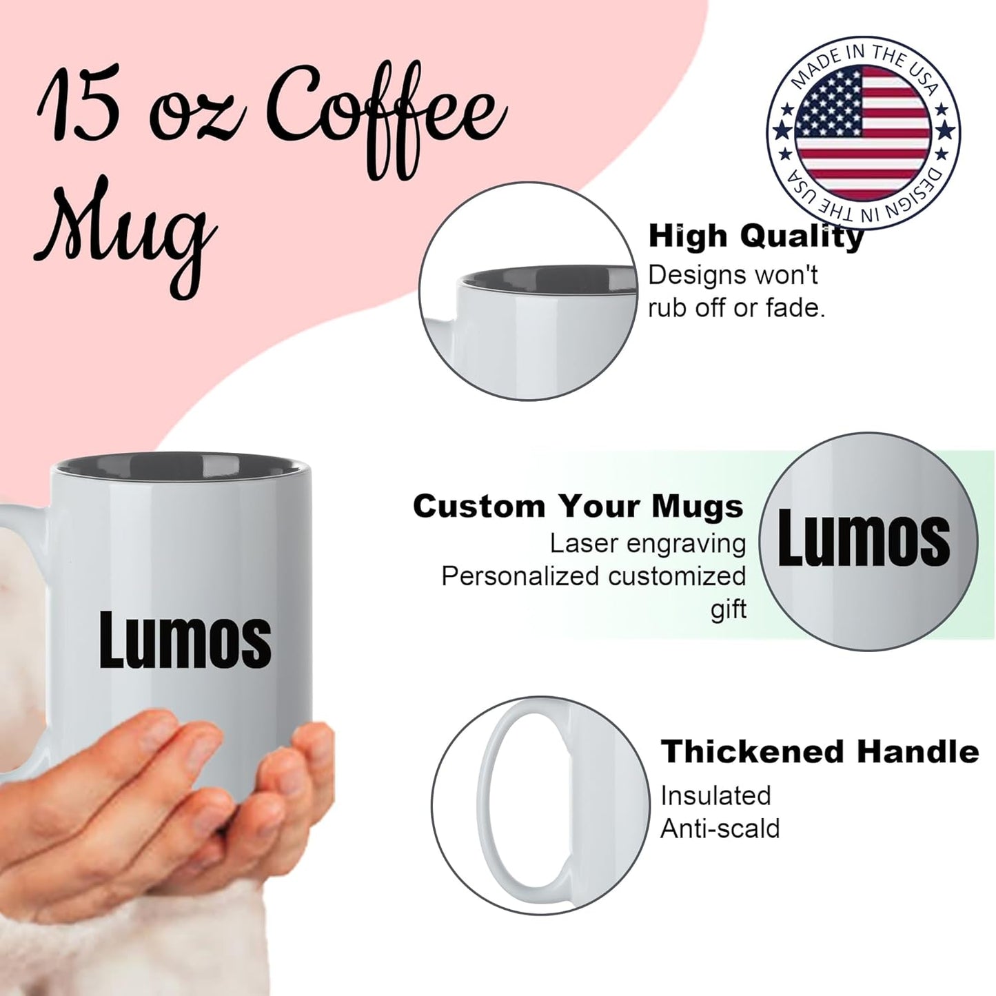Personalized Coffee Mug, Custom Text Ceramic Mug, 15oz Customized Name Tea Cup, Gifts for Men & Women, Mother's Day Anniversary Christmas (Engraved Custom Text, White)