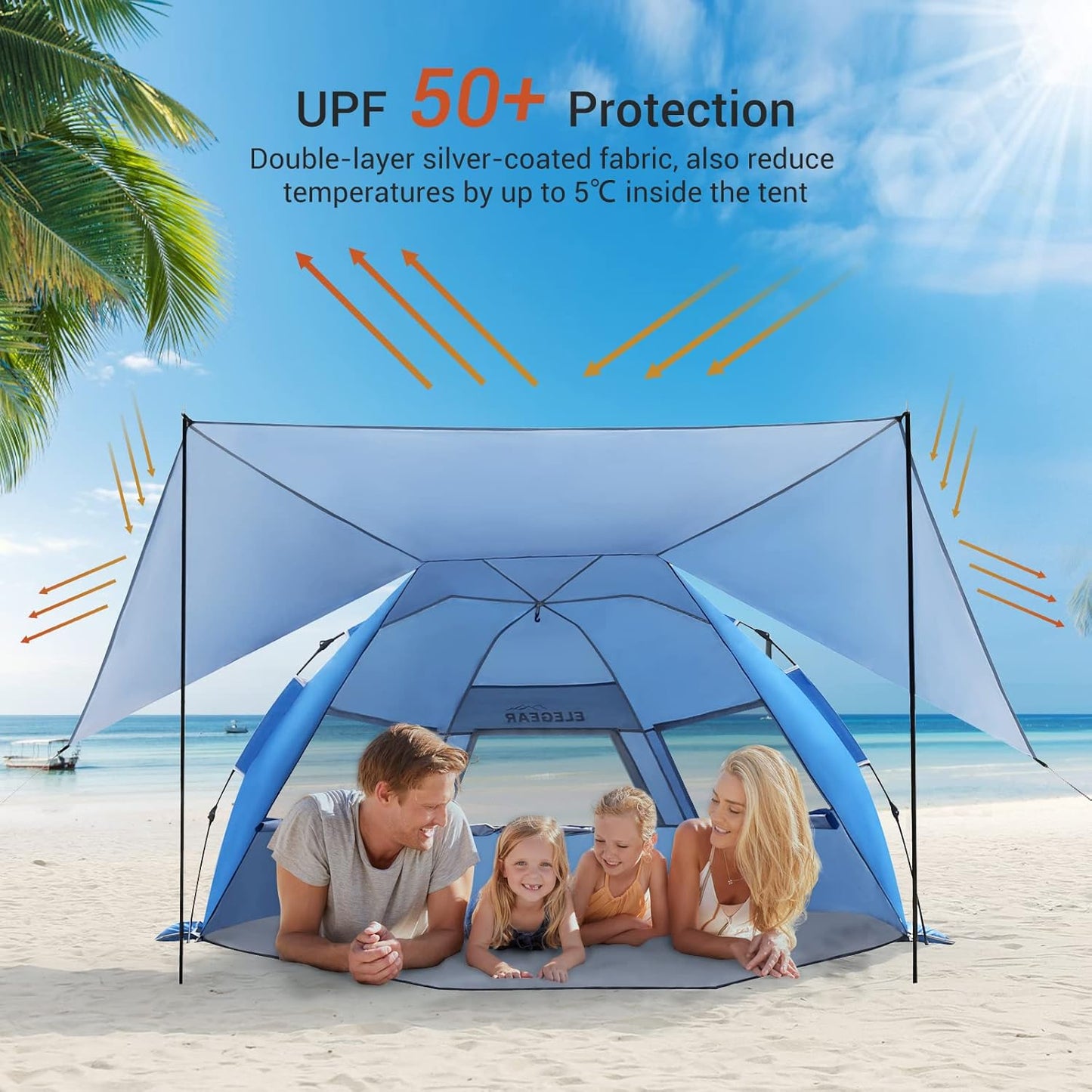 Elegear Beach Tent with Canopy, 1-Second Setup Pop Up Sun Shelter Shade, UPF 50+ UV Protection Silver-Coated Lightweight Portable Beach Cabana