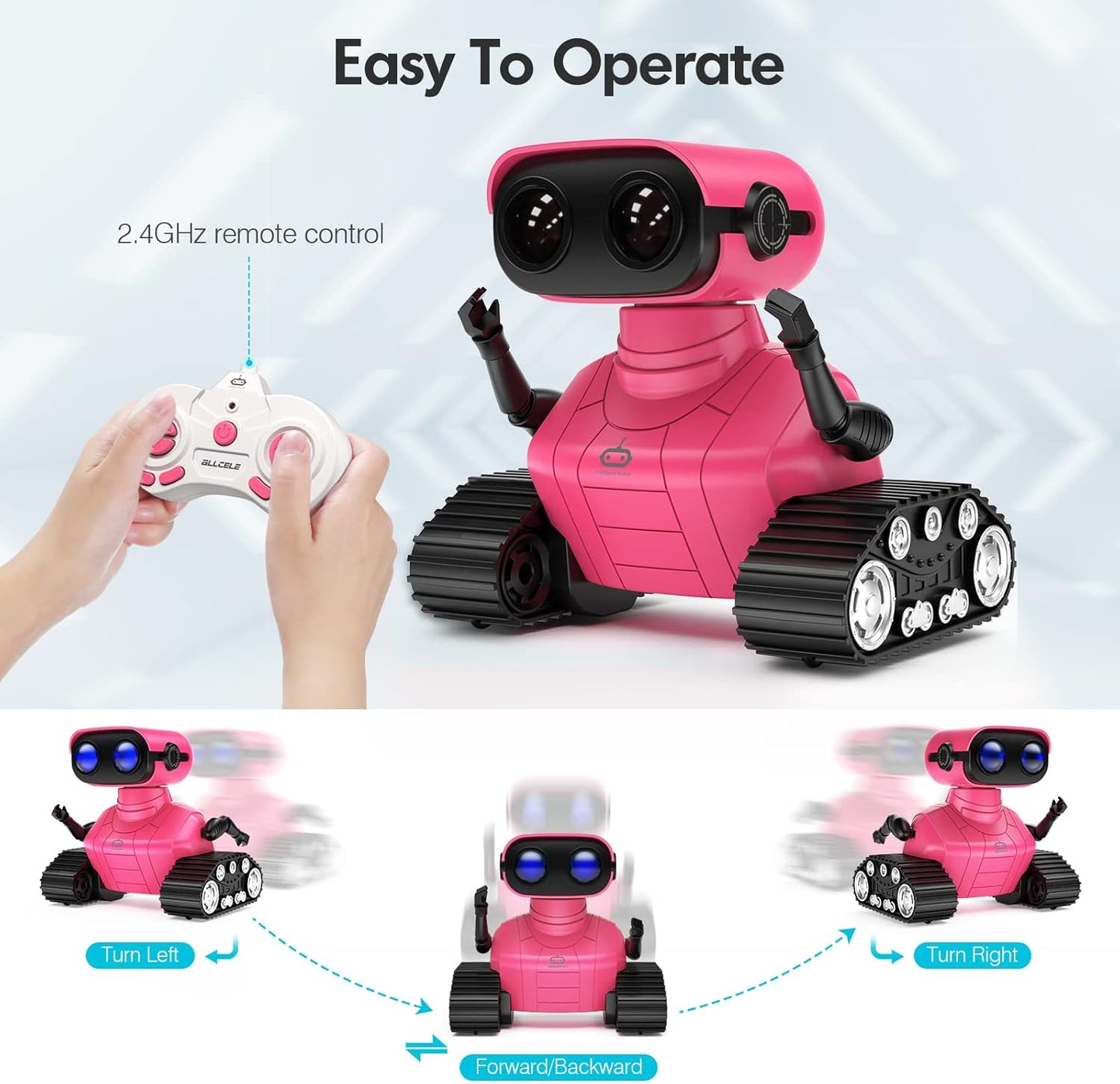 ALLCELE Robot Toys, Rechargeable RC Robots for Kids Boys, Remote Control Toy with Music and LED Eyes, Gift for Children Age 3 Years and Up - Rose Red
