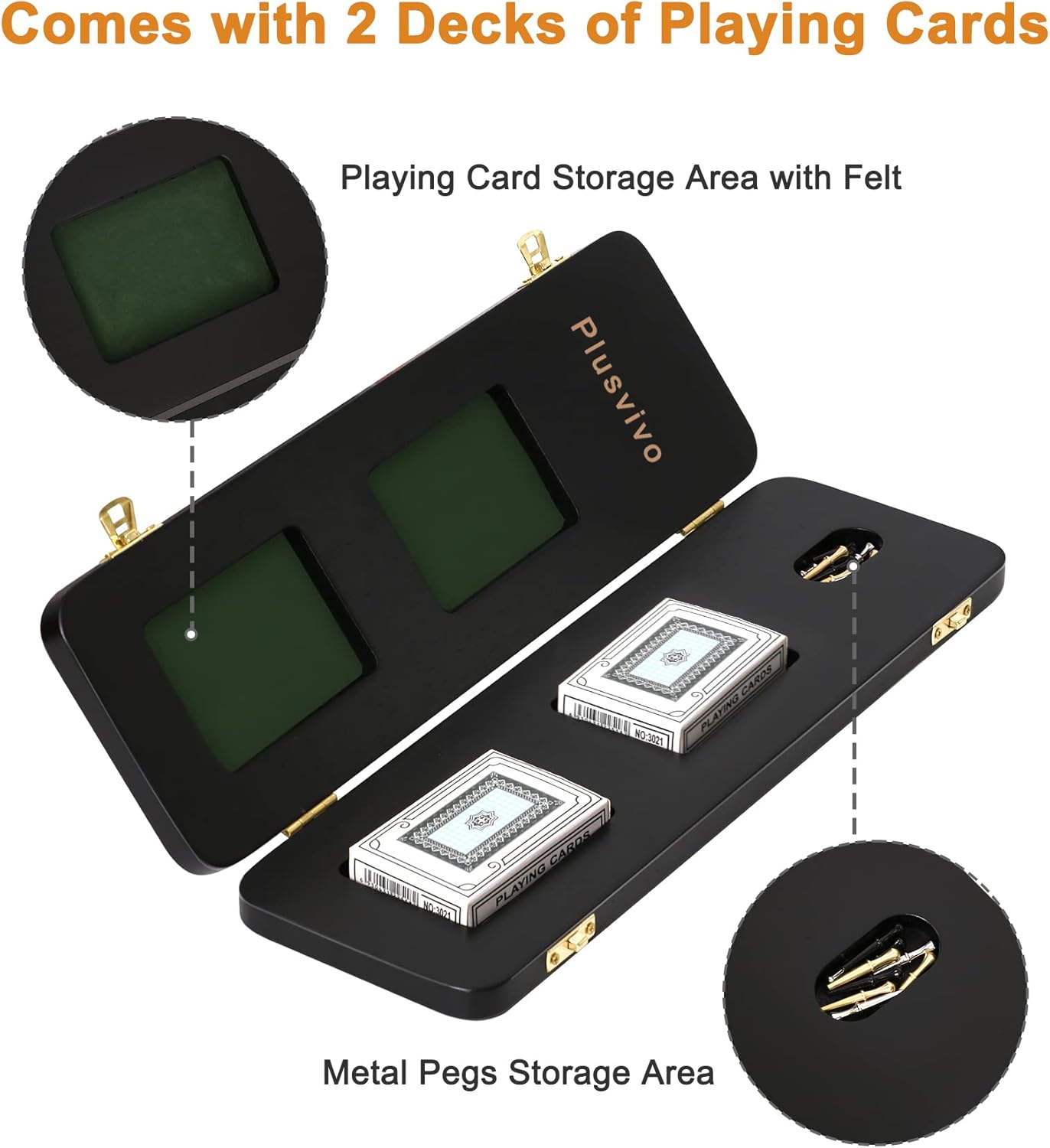 Cribbage Board Game Set 3 Tracks, 2 Storage Area, with 9 Metal Pegs,2 Decks of Playing Cards and Instruction, Wooden Travel Portable Cribbage Game Sets