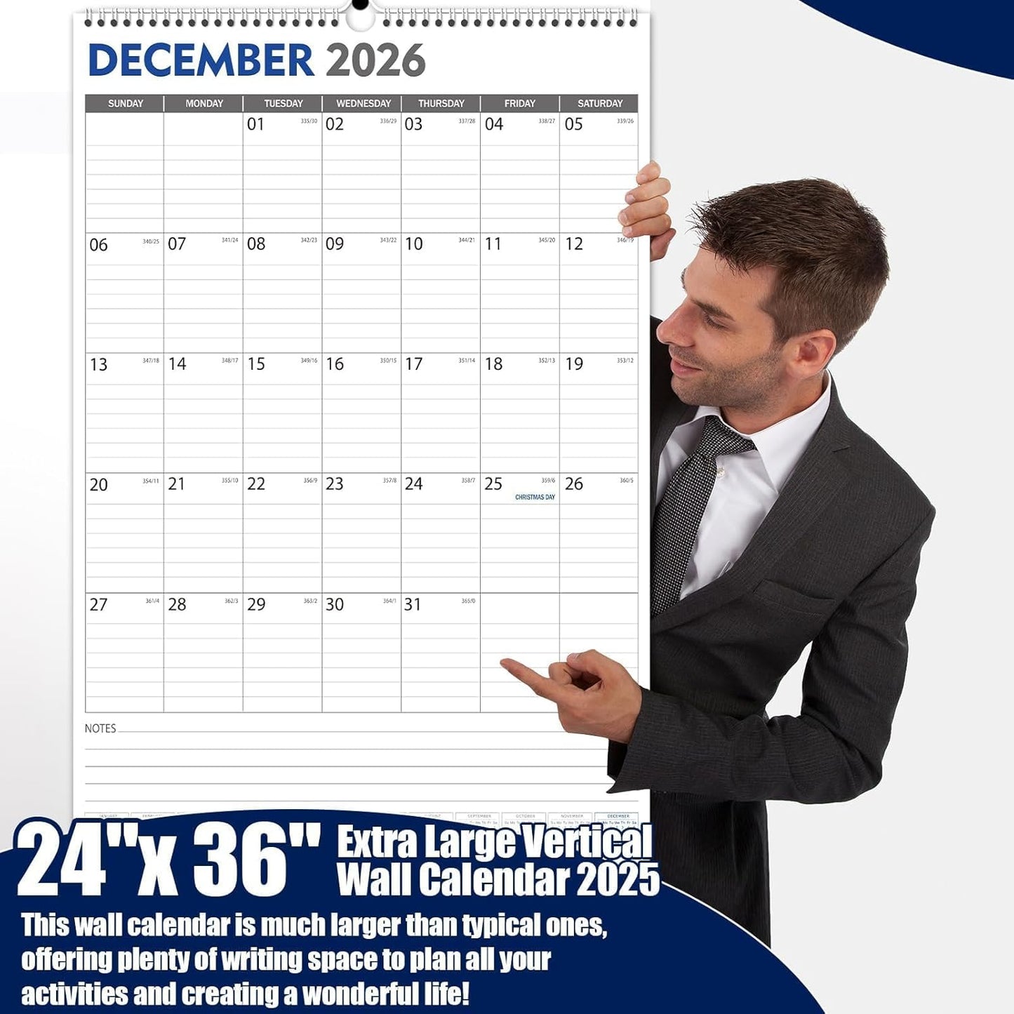 GuassLee Extra Large Wall Calendar 2025, 36"x 24" Jumbo Vertical Wall Planner 2025-2026 from June 2025 to December 2026,19 Months with Julian Dates and Notes for Office School Home Teacher Planning