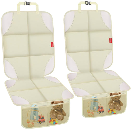 Car Seat Protector, 2 Pack 600D Fabric Seat Protector Under Baby Car Seat with Upgraded Non-Slip Backing, Thickest Padding, Mesh Storage Pockets