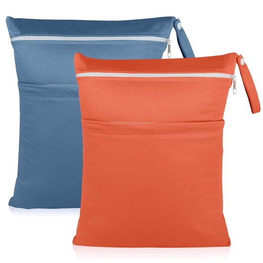Angel Love Wet Bags, 2 Pack Baby Cloth Diaper Wet/Dry Bags with Two Zippered Pockets, Travel, Beach, Pool, Gym Bag for Swimsuits or Wet Clothes, Waterproof Washable Reusable, L214215