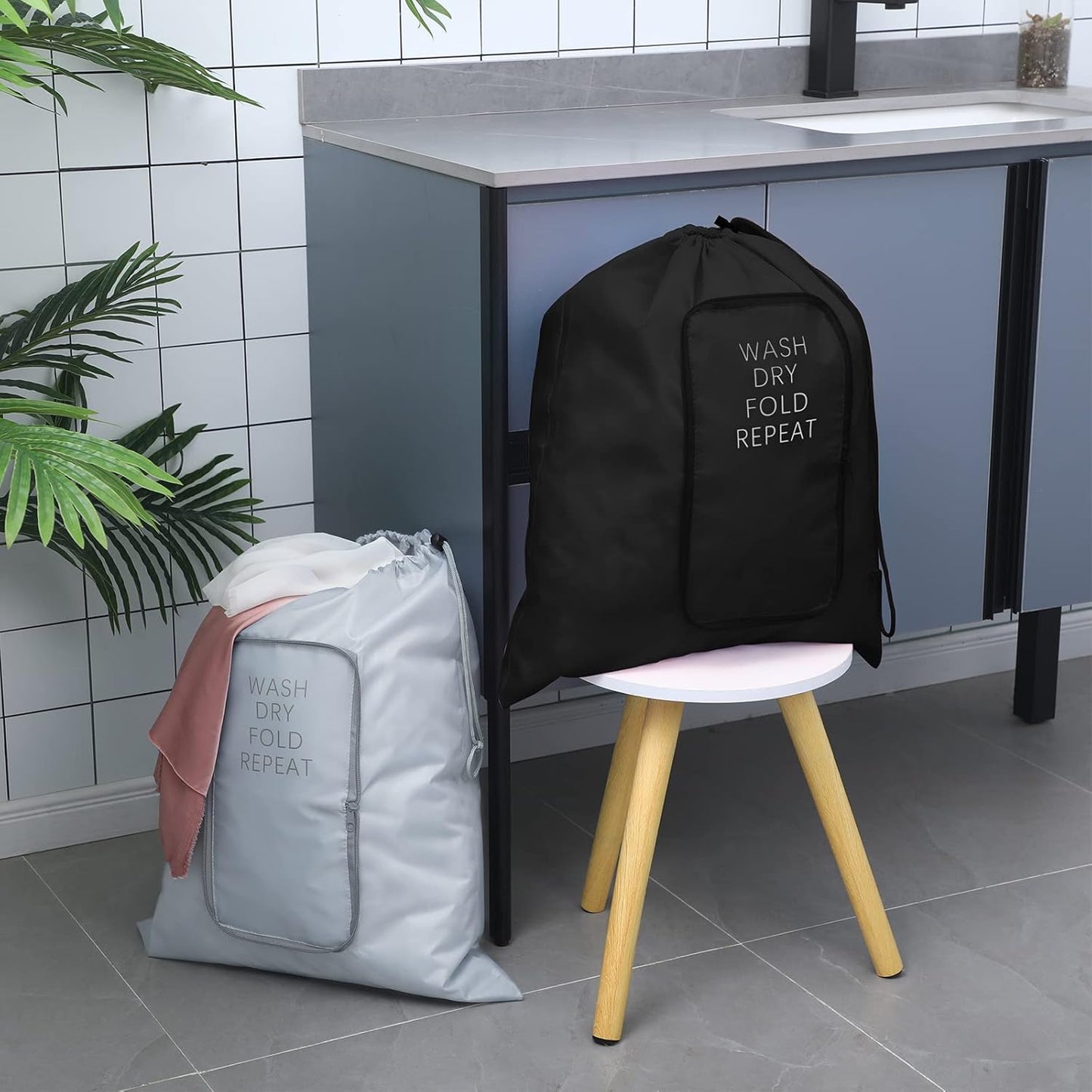 2 Pcs Travel Laundry Bag Washable Dirty Clothes Bag with Drawstring and Zipper for Suitcase, 22 x 18 Inch (Black, Gray,Classic)