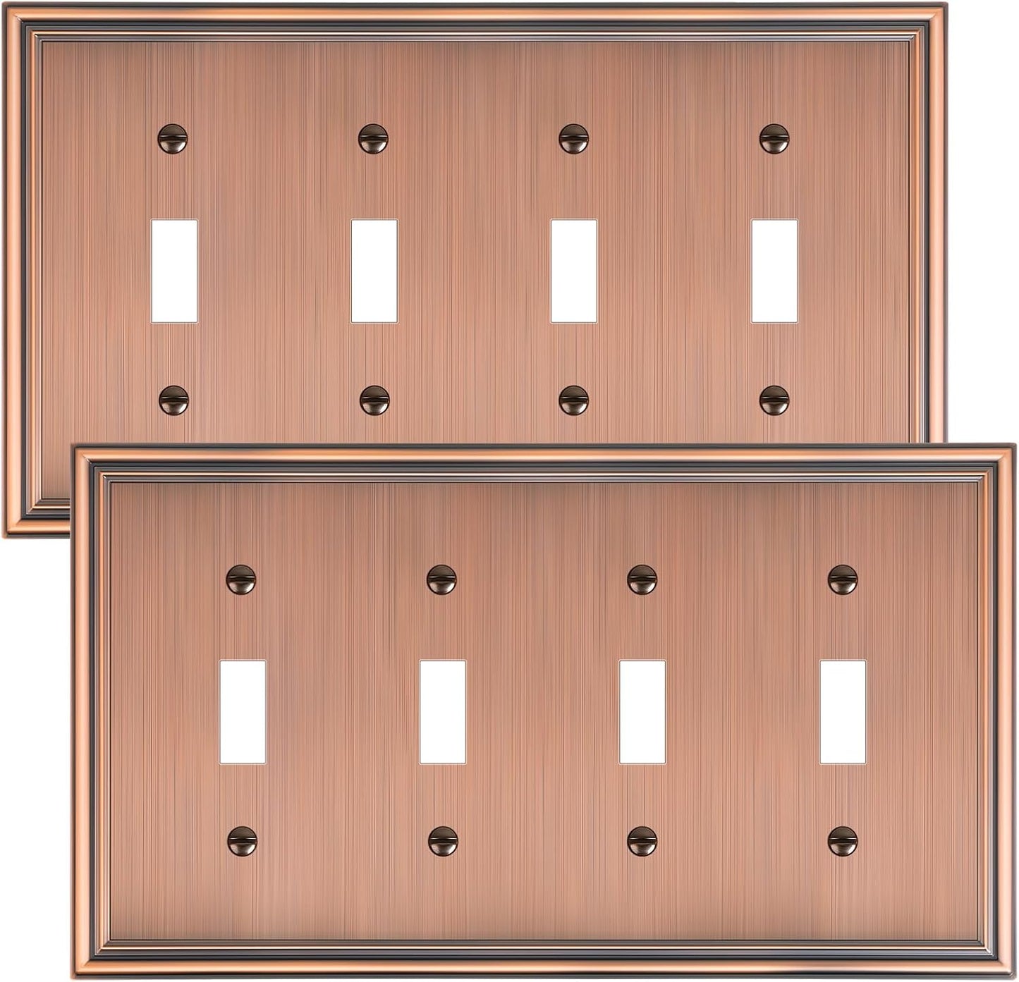 2-Pack Quad Toggle Light Switch Cover Plate, Durable Zinc Alloy Decorative Switch Plate Covers, Antique Copper 4 Gang Wall Plate for Toggle Light Switch and Rotary Dimmer Switch