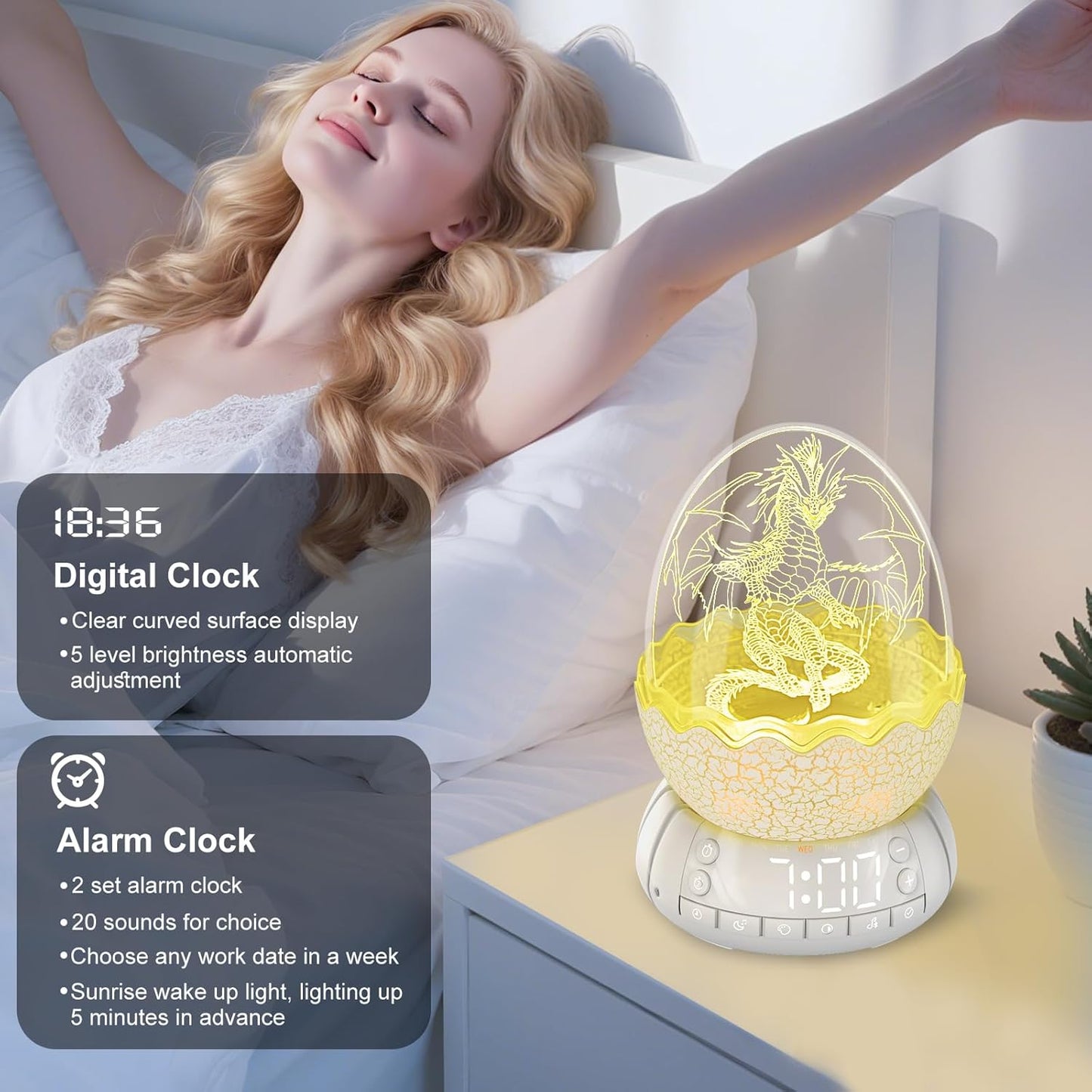 Dragon Egg Alarm Clock with Sunrise Simulation, Wireless Bluetooth Speaker, Portable Touch Control Dragon Egg Night Light, 20 Soothing Sounds, Unique Gift for Kids Adults, Home Desk Decor