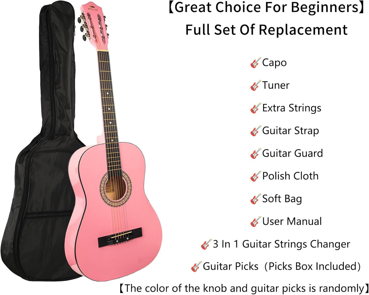 38in Beginner Acoustic Guitar Basic Starter Kit Tuner Bag Capo Strings Winders Strap Picks Student/Kids Guitar Pickguard with Gig Bag Pink