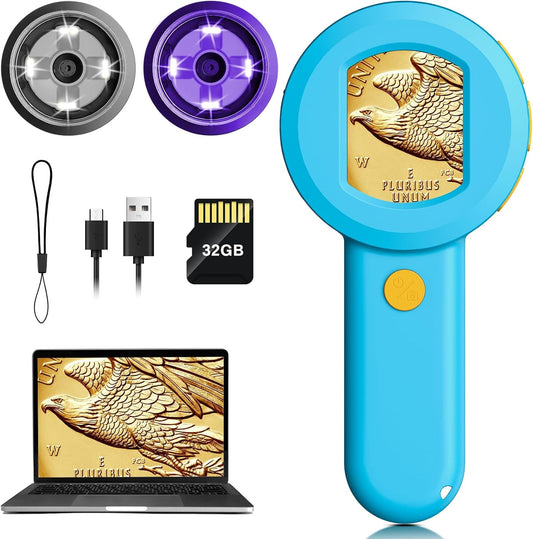 Microscope Magnifying Glass for Kids and Adults: 100X Portable Handheld Digital Microscope with Light - Pocket Jewelers Loupe with 2" Screen - USB Mini Coin Magnifier for Collector