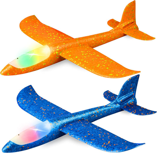 2 Pack LED Light Airplane,17.5" Large Throwing 2 Flight Mode Glider Plane,Flying Toy for Kids,Gifts for 3 4 5 6 7 8 9 Years Old Boy,Outdoor Sport Toys Birthday Party Favors Foam Airplane