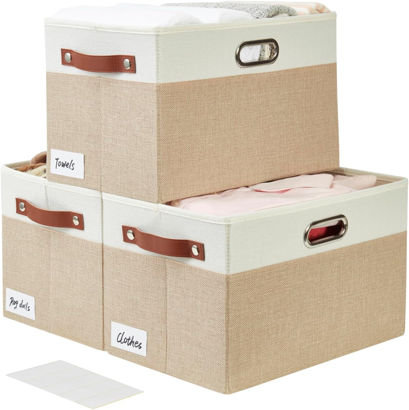 Large Collapsible Fabric Storage Bins with 3 Handles, Foldable Organizer Baskets for Closet, Shelves, Living Room | 3 Pack, Durable PU & Metal Handles (14.9"x9.8"x9.8", Beige & White)
