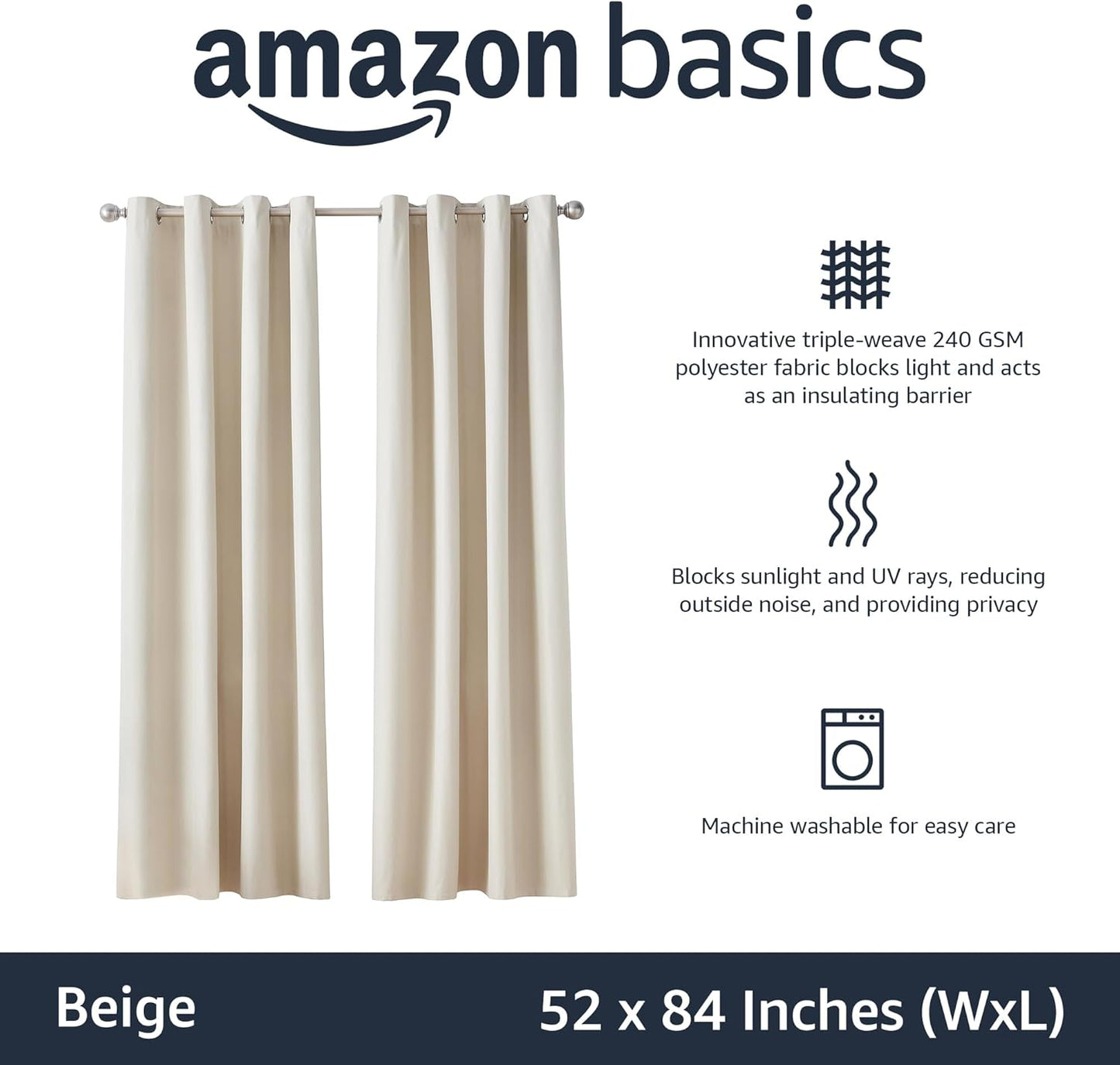 Amazon Basics Room Darkening Blackout Window Curtains 2 Panels with Grommets, for Living Room and Bedroom, 52 x 84 inches, Beige