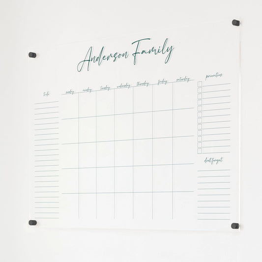 Personalized Clear Acrylic Calendar for Wall, Calendar Whiteboard for Wall, Dry Erase Wall Calendar, Wall Calendar Organizer System for Home (Cursive, Jade, 38"W x 26"H)