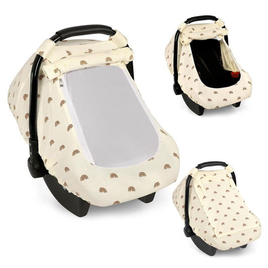 Hooyax Muslin Car Seat Cover Baby - Breathable and Privacy Car Seat Canopy with 3 Modes - Easy Install & Gift Box Packaging, Universal Fit for Infant Car Seats, Rainbow