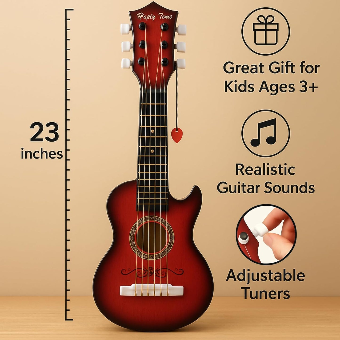 23" Acoustic Guitar, Kids 6 String Toy Guitar - Realistic Steel Strings - Beginner Practice First Musical Instrument for Children, Toddlers (Mahogany)