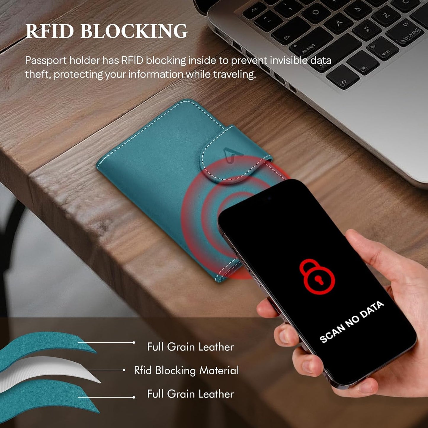 ALLIVE Rfid Passport Holder for Travel, Women & Men, Passport Cover Wallet with AirTag Hidden, Genuine Leather Passport Holder Essential for Business Travel, Airport Security (Lake Blue)