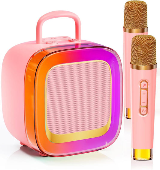 Kinglucky Karaoke Machine for Kids Girls Ages 3-12 with 2 Light-Up Microphones, Bigger Size Yet Portable Bluetooth Speaker with Voice Effects for Birthday, Family Fun & Party (Pink)