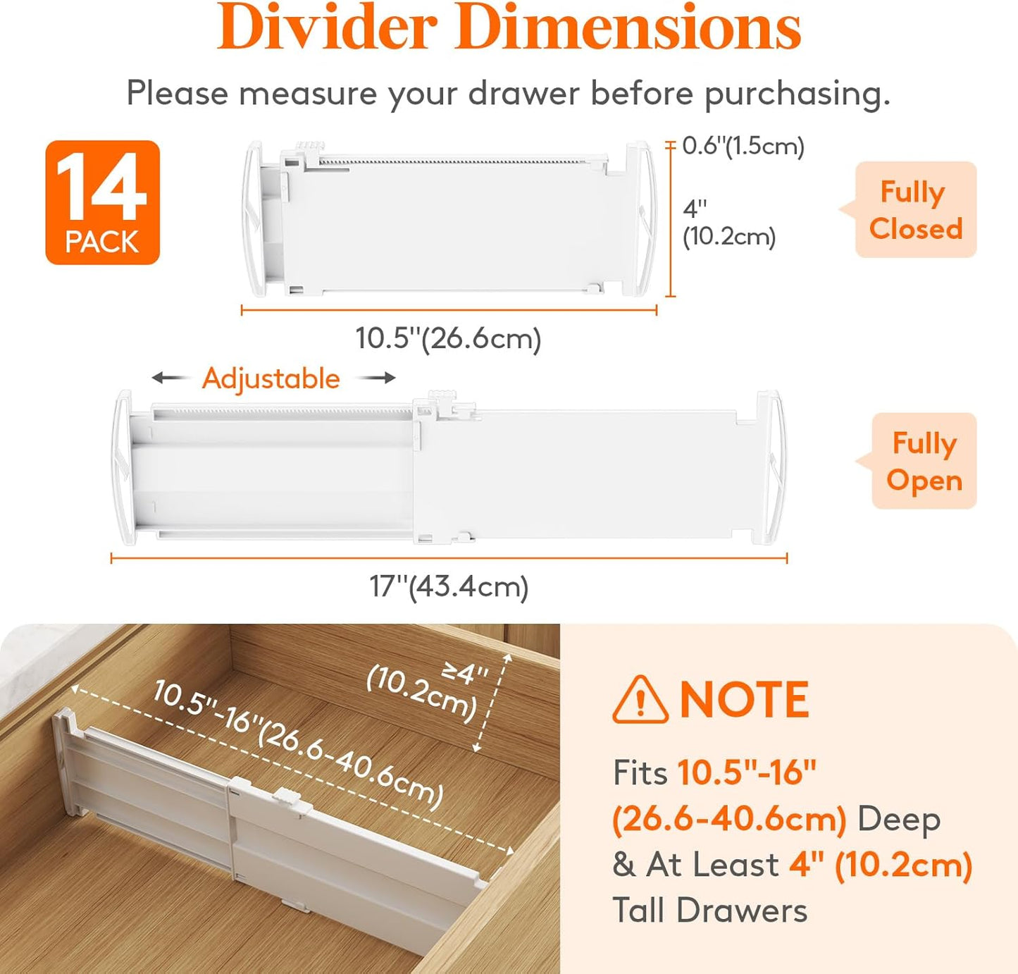 Lifewit 14 Pack Drawer Dividers 4" High, 10.5-16.5" Dresser Drawer Divider, Adjustable Drawer Organizers for Clothes, Plastic Drawers Separators for Dresser, Bedroom, Bathroom, Kitchen, Office