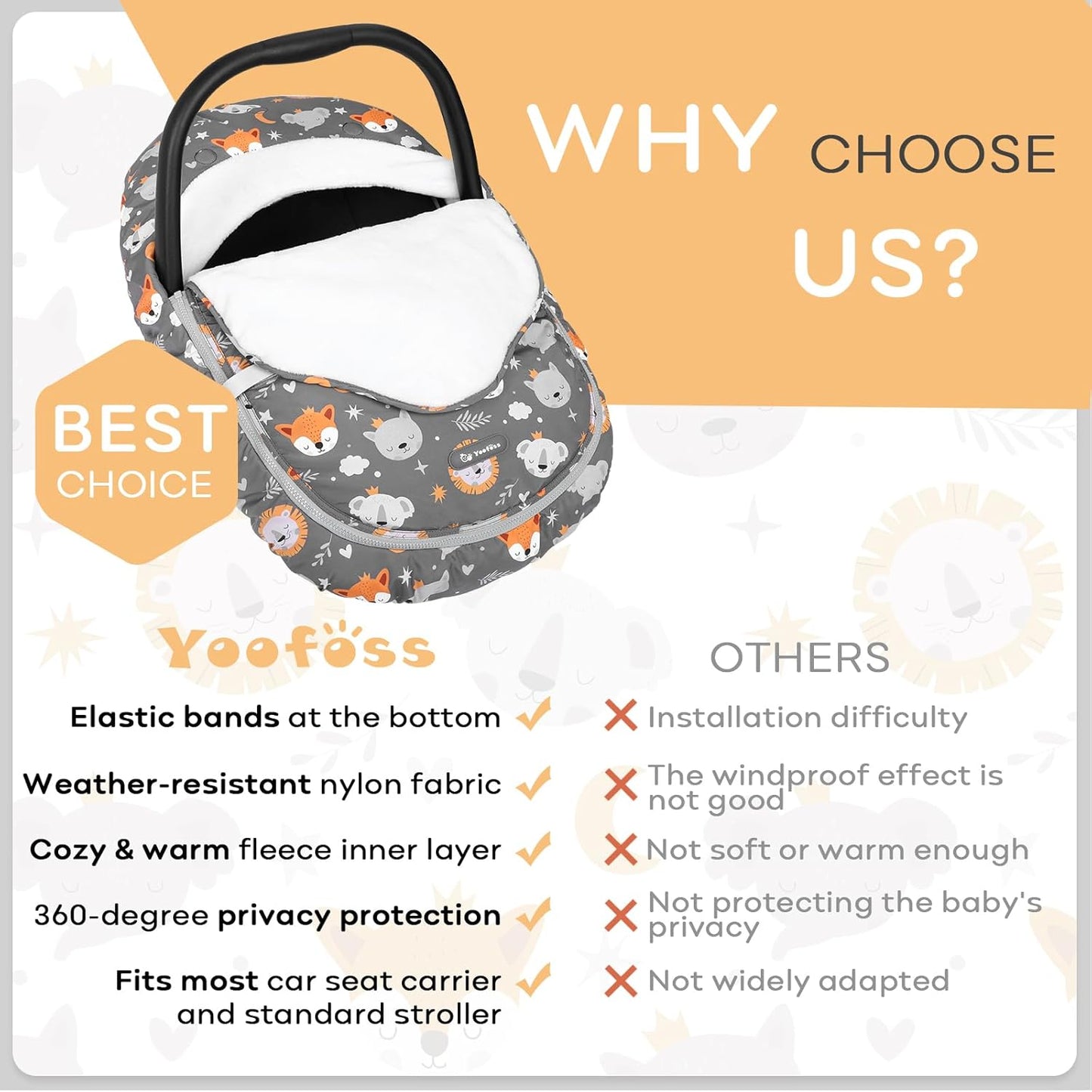 Yoofoss Baby Car Seat Cover Winter Carseat Canopies Cover to Protect Baby from Cold Wind, Super Warm Plush Fleece Baby Carrier Cover for Infant Boys Girls (Fox)