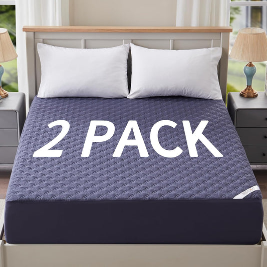 2 Pack Waterproof Mattress Protector, Twin Size Mattress Pad Noiseless with Deep Pocket Fitted for 6"-15", Breathable Dirt-Proof Single Bed Mattress Cover for Bedroom, Dorm Room (Navy Blue)