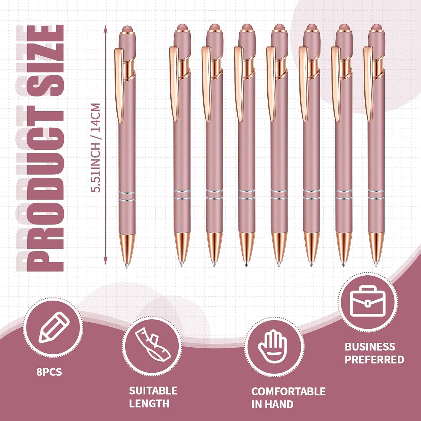 8 Pieces Ballpoint Pen with Stylus Tip Black Ink 2 in 1 Stylus Metal 1.0 mm Medium Point Smooth Pen Rainbow Colorful Rubberized Ballpoint for Touch Screen Tablet(Rose Gold)