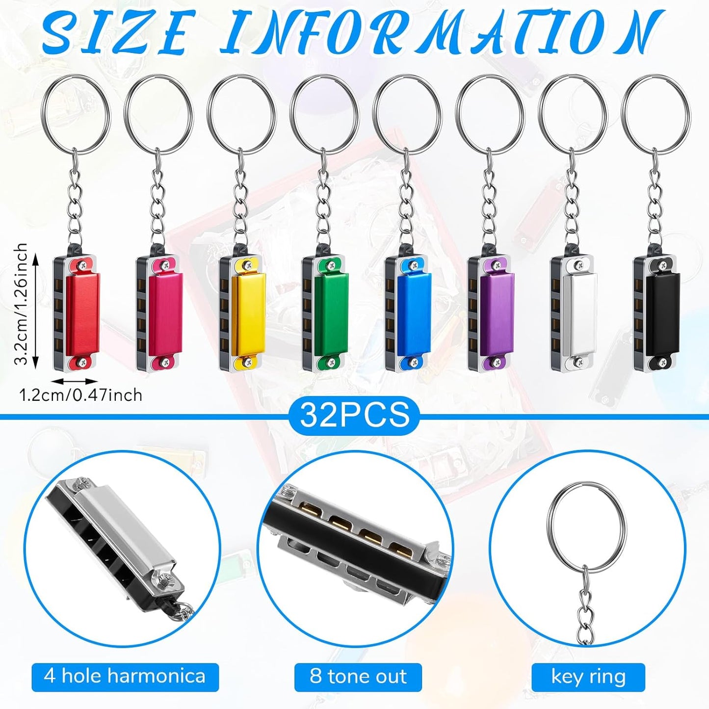 Ecally 32 Pcs Mini Harmonica Keychain for Kids Operation Christmas Favors Portable Wind Instruments 4 Holes 8 Tunes Harmonica Music Party Favors Cute Music Keychain Accessory (Multicolor)