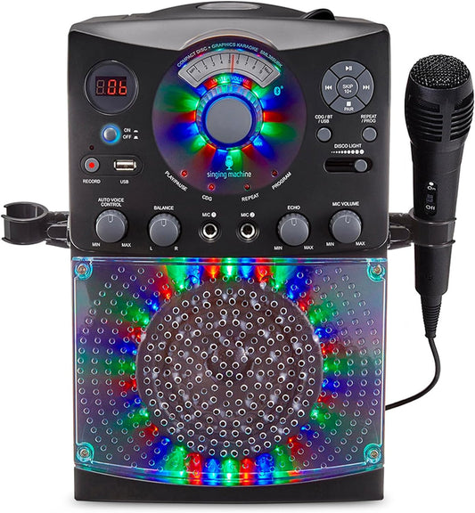 Singing Machine Karaoke Machine for Kids and Adults with Wired Microphone - Built-In Speaker with LED Disco Lights - Wireless Bluetooth, CD+G & USB Connectivity - Black [Amazon Exclusive]