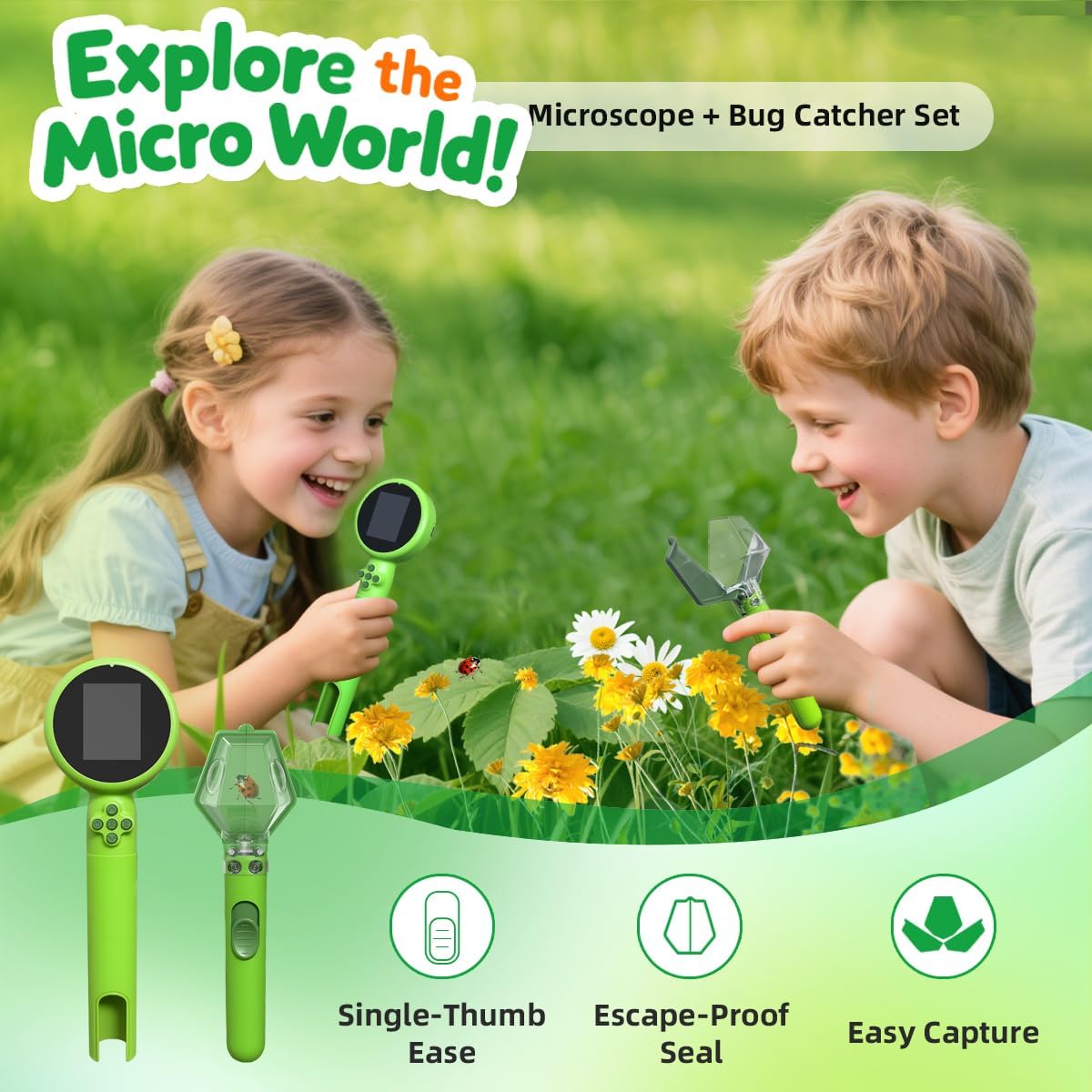 Kids Microscope with Bug Catcher Kit, 1080P Digital Mini Handheld Microscope STEM Science Toy with LED Light, Rechargeable, Portable, Supports 64GB TF Card, Educational Gift for Kids Ages 3-12 (Green)