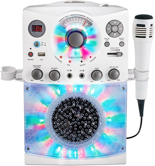 Singing Machine Portable Karaoke Machine for Adults & Kids with Wired Microphone, White - Built-In Speaker, Bluetooth with LED Disco Lights - Karaoke System with CD+G Player & USB Connectivity