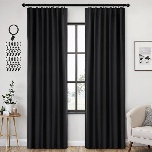 ANRODUO Back Tab Blackout Curtains for Bedroom Living Room, Rod Pocket Pinch Pleated Thermal Insulated Room Darkening Curtains 90 Inches Long 2 Panels, Black, 42 x 90 Inch