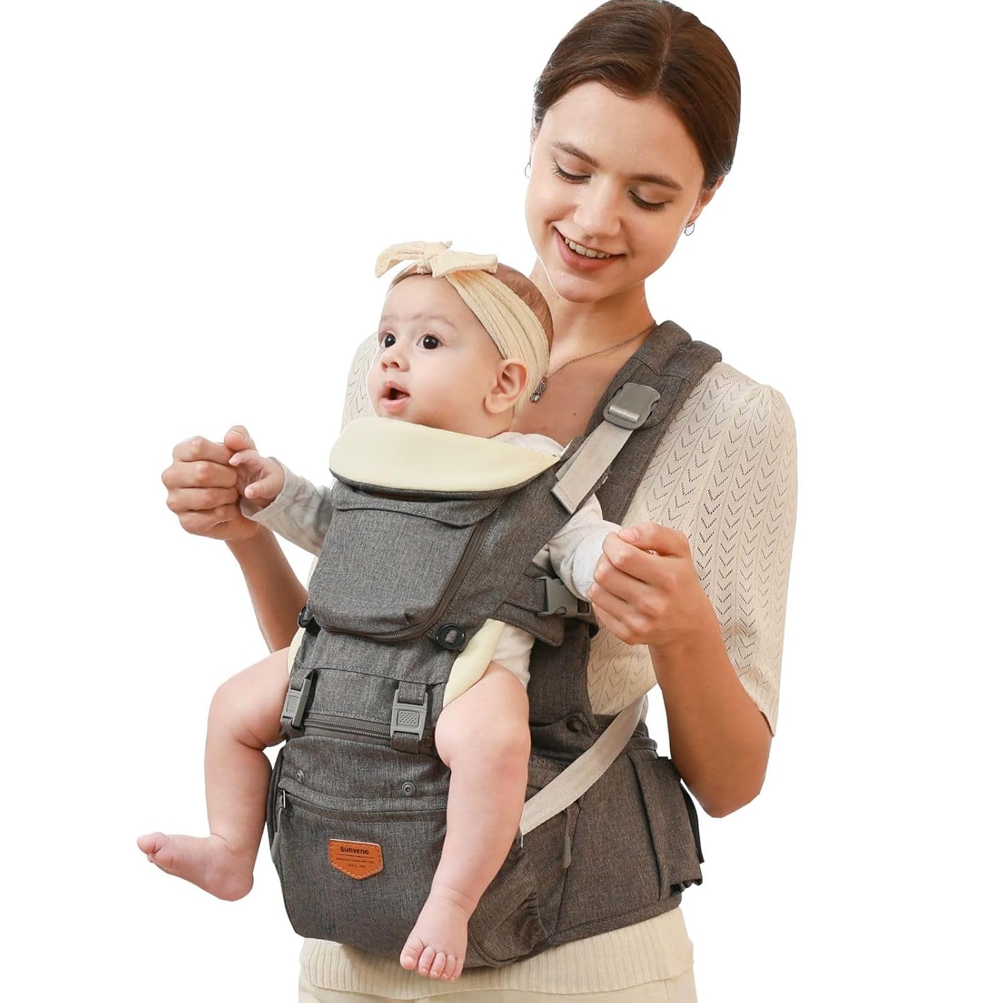 SUNVENO 3 in 1 Ergonomic Baby Carrier with Hip Seat for Newborns and Toddlers, Supports 20 lbs and Up, Waist and Back Relief with Large Weight Capacity for All Season Use, Grey